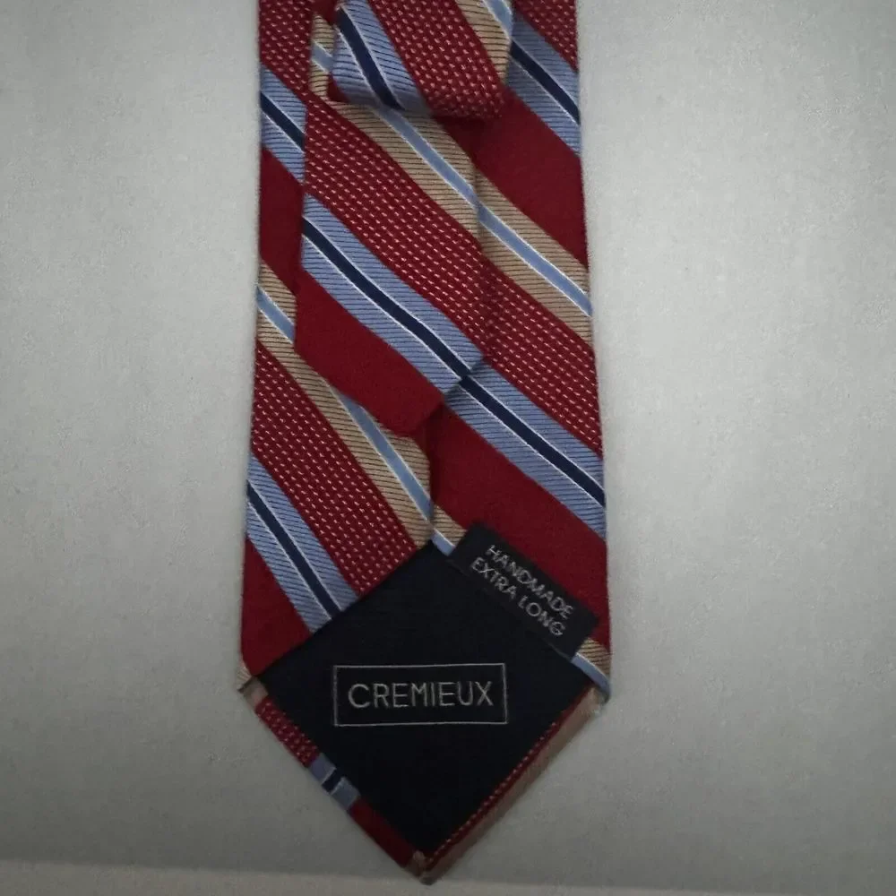 CREMIEUX MENS TIE‎ RED WITH TAN, NAVY AND LIGHT BLUE STRIPES